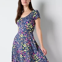 Studio 1 Womens Short Sleeve Floral Midi Fit + Flare Dress