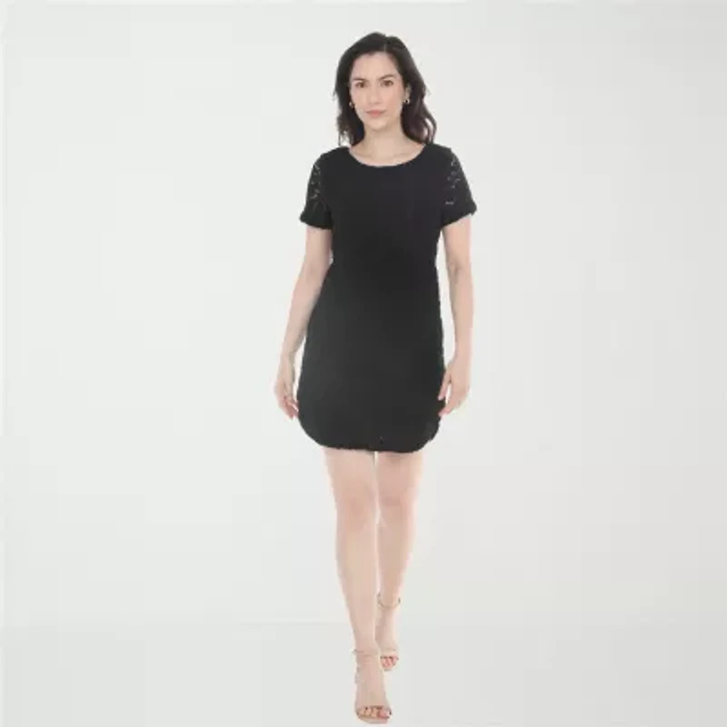 White Mark Lace Womens Round Neck Short Sleeve Shift Dress
