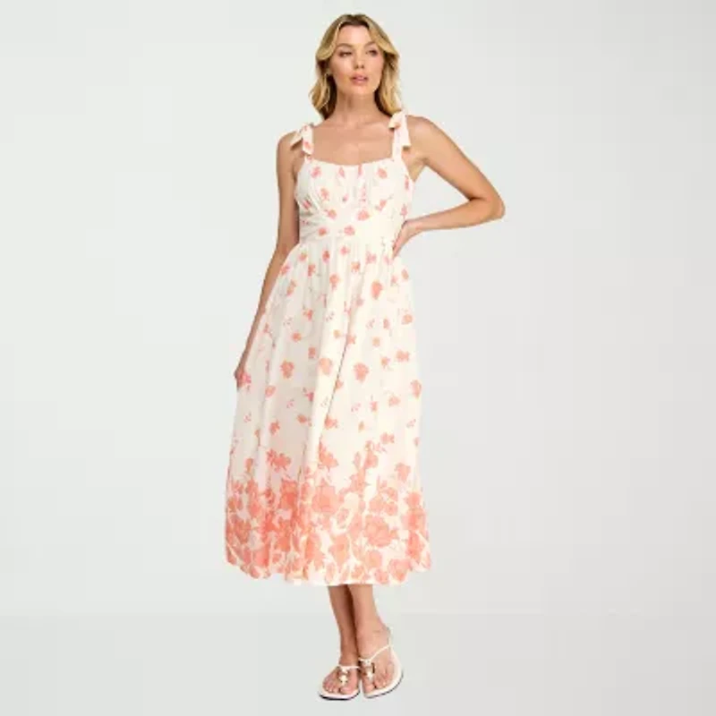 Trixxi Womens Midi Straight Neck Sleeveless Floral A-Line Dress