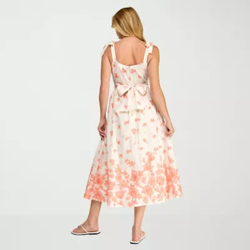 Trixxi Womens Midi Straight Neck Sleeveless Floral A-Line Dress