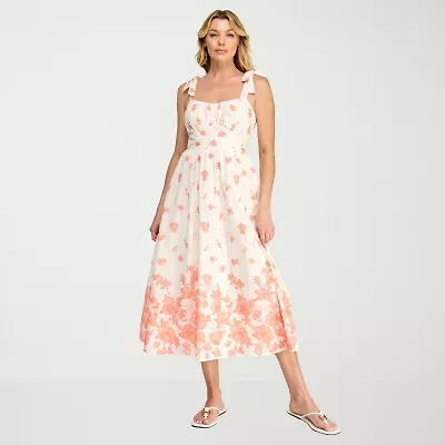 Trixxi Womens Midi Straight Neck Sleeveless Floral A-Line Dress