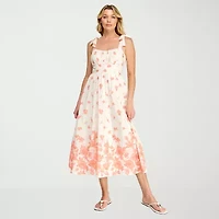 Trixxi Womens Midi Straight Neck Sleeveless Floral A-Line Dress