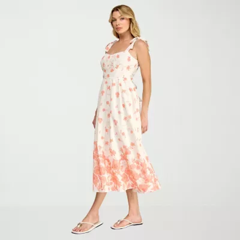 Trixxi Womens Midi Straight Neck Sleeveless Floral A-Line Dress