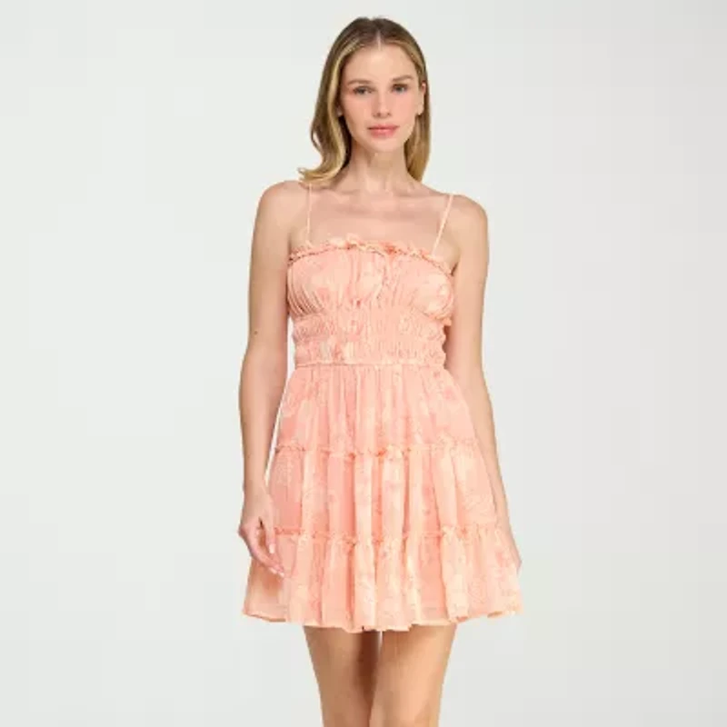 Trixxi Womens Juniors Straight Neck Sleeveless Floral Fit + Flare Dress