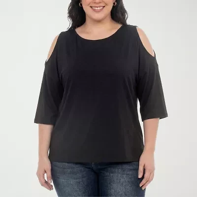 White Mark Plus Cold Shoulder Womens Scoop Neck 3/4 Sleeve Tunic Top