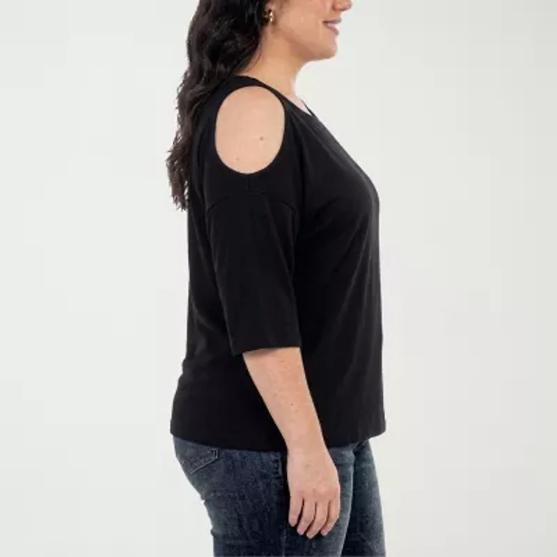 White Mark Plus Cold Shoulder Womens Scoop Neck 3/4 Sleeve Tunic Top