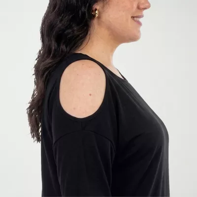 White Mark Plus Cold Shoulder Womens Scoop Neck 3/4 Sleeve Tunic Top