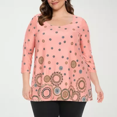 White Mark Plus Printed Womens Scoop Neck 3/4 Sleeve Tunic Top