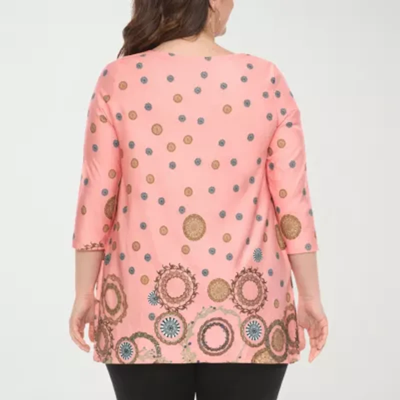 White Mark Plus Printed Womens Scoop Neck 3/4 Sleeve Tunic Top