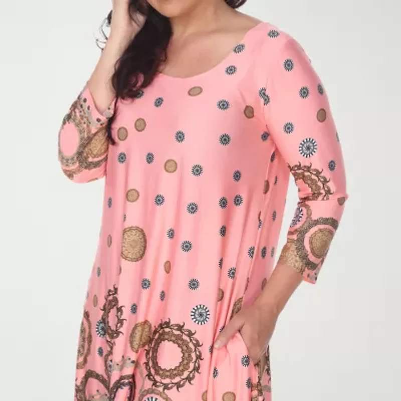 White Mark Plus Printed Womens Scoop Neck 3/4 Sleeve Tunic Top