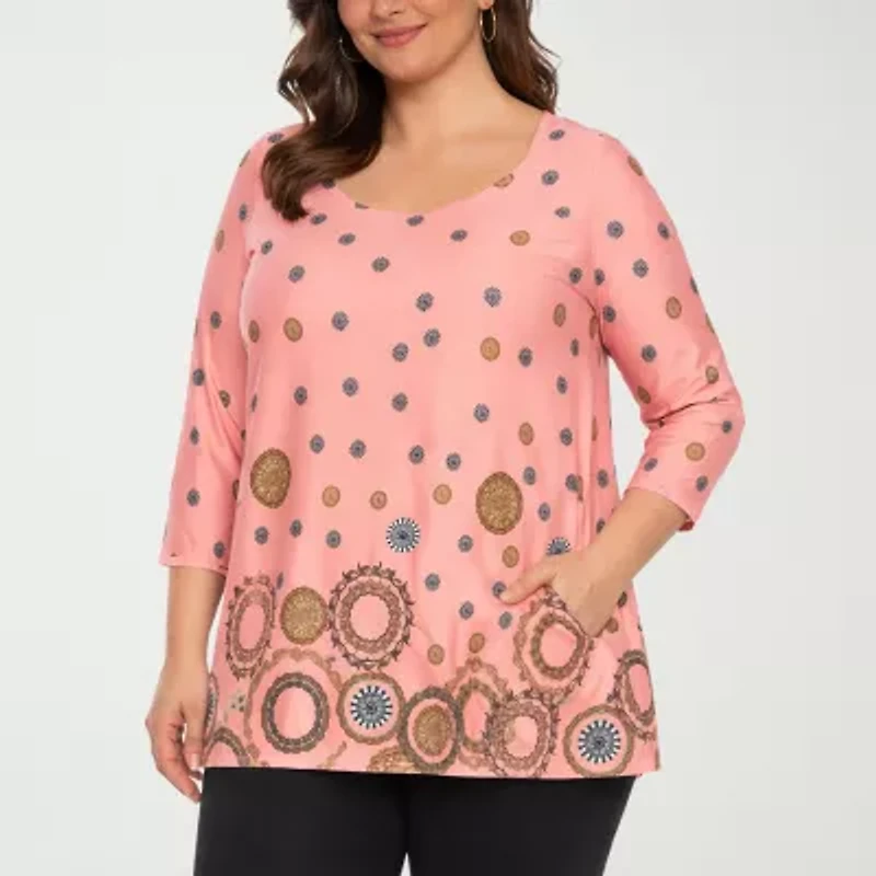 White Mark Plus Printed Womens Scoop Neck 3/4 Sleeve Tunic Top