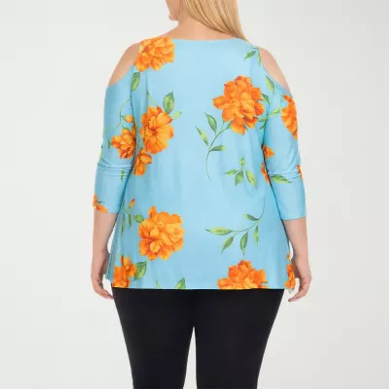 White Mark Plus Floral Cold Shoulder Womens Scoop Neck 3/4 Sleeve Tunic Top