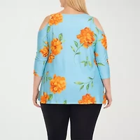 White Mark Plus Floral Cold Shoulder Womens Scoop Neck 3/4 Sleeve Tunic Top