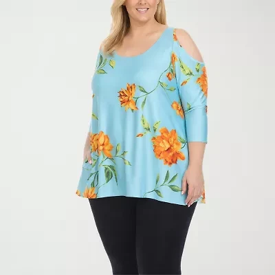 White Mark Plus Floral Cold Shoulder Womens Scoop Neck 3/4 Sleeve Tunic Top