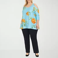 White Mark Plus Floral Cold Shoulder Womens Scoop Neck 3/4 Sleeve Tunic Top