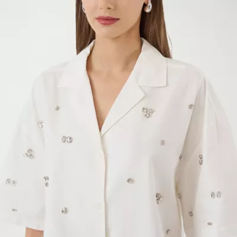RM Rebecca Minkoff Womens Short Sleeve Boxy Fit Button-Down Shirt