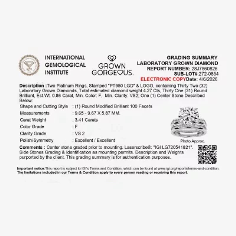 Grown Gorgeous Vs2, F Womens 4 1/4 CT. T.W. Lab White Diamond 14K Gold or Platinum Round Side Stone Bridal Set