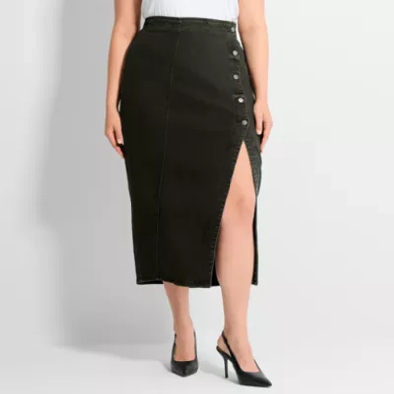 Ashley Graham Women's Plus Slit Front Midi Skirt
