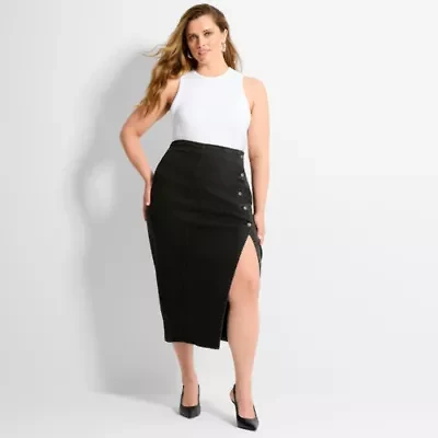 Ashley Graham Women's Plus Slit Front Midi Skirt