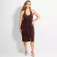 Ashley Graham Women's Plus Button Front Halter Mini Dress