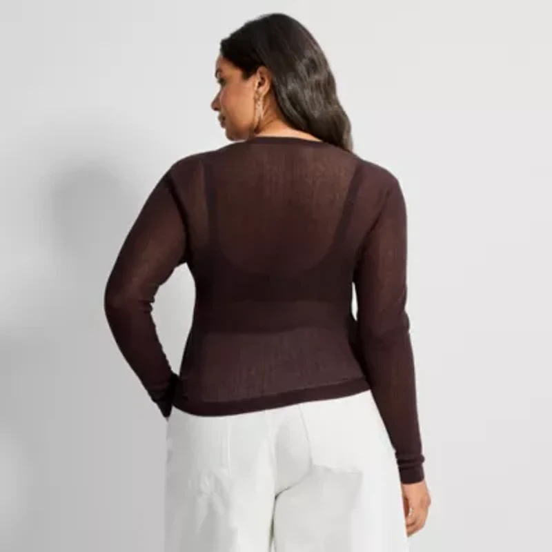 Ashley Graham Womens Plus Crew Neck Long Sleeve Cardigan