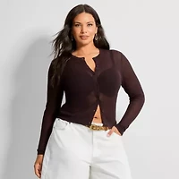 Ashley Graham Womens Plus Crew Neck Long Sleeve Cardigan