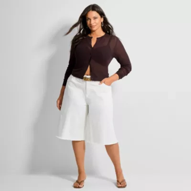 Ashley Graham Womens Plus Crew Neck Long Sleeve Cardigan