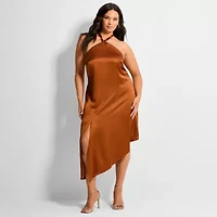 Ashley Graham Women's Plus Bead Trim Satin Midi Dress