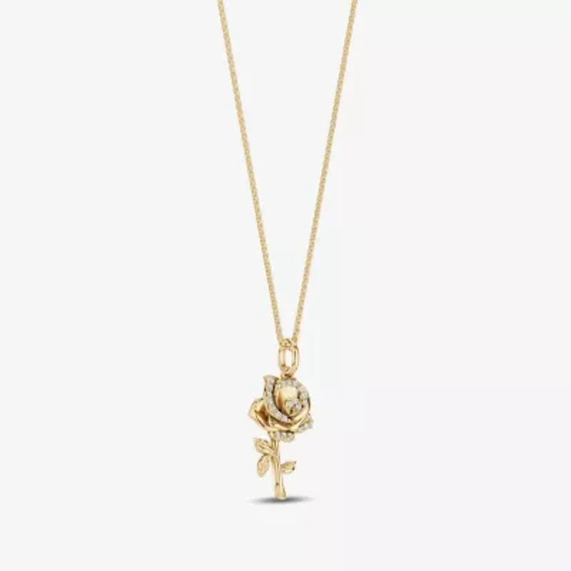 Enchanted Disney Fine Jewelry Womens 1/10 CT. T.W. Natural White Diamond 14K Gold Flower 16 Inch Pendant Necklace
