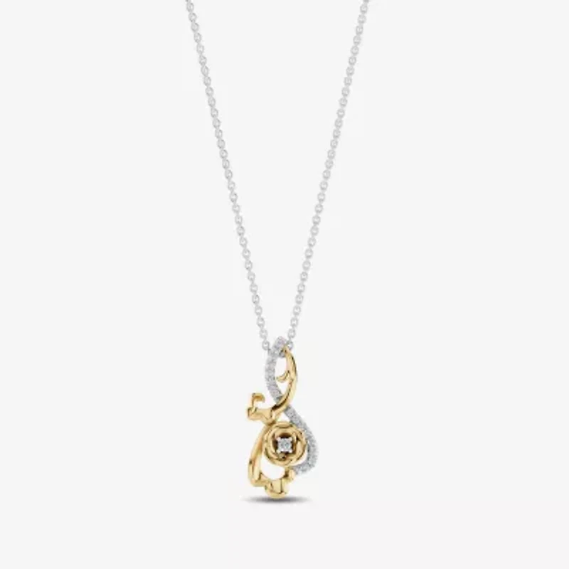 Enchanted Disney Fine Jewelry Womens 1/6 CT. T.W. Natural White Diamond 10K Gold Sterling Silver Flower 17 Inch Pendant Necklace