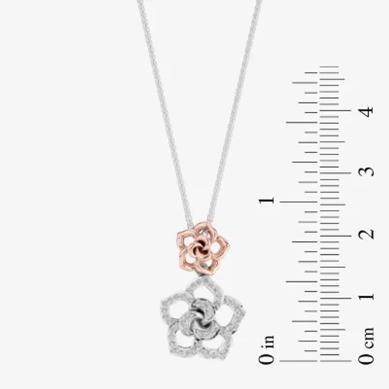 Enchanted Disney Fine Jewelry Womens 1/5 CT. Natural White Diamond 14K Rose Gold Over Silver Sterling Silver Flower 16 Inch Pendant Necklace