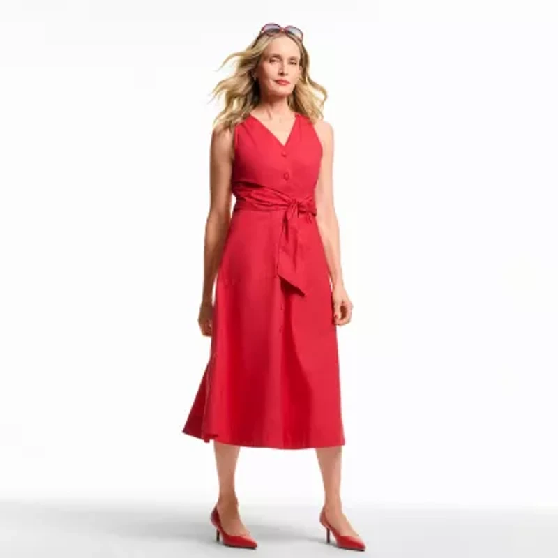Liz Claiborne Womens Midi V Neck Sleeveless A-Line Dress