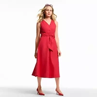 Liz Claiborne Womens Midi V Neck Sleeveless A-Line Dress
