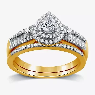 I Said Yes (H-I / I1) Womens 3/4 CT. T.W. Lab Grown White Diamond Sterling Silver or 14K Gold Over Pear Side Stone Halo Bridal Set