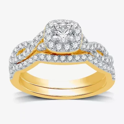 I Said Yes (H-I / I1) Womens 1 CT. T.W. Lab Grown White Diamond Sterling Silver or 14K Gold Over Cushion Side Stone Halo Bridal Set