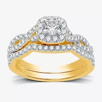 I Said Yes (H-I / I1) Womens 1 CT. T.W. Lab Grown White Diamond Sterling Silver or 14K Gold Over Cushion Side Stone Halo Bridal Set