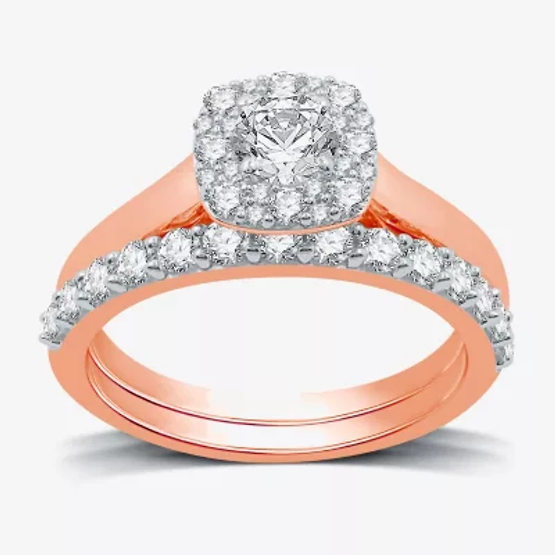 (H-I / I1) I Said Yes Womens 1 CT. T.W. Lab Grown White Diamond Sterling Silver or 14K Gold Over Cushion Halo Bridal Set