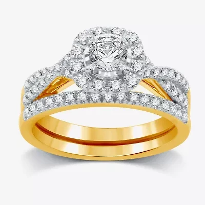 I Said Yes (H-I / I1) Womens 1 CT. T.W. Lab Grown White Diamond Sterling Silver or 14K Gold Over Round Cushion Side Stone Halo Bridal Set
