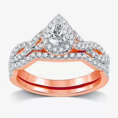 I Said Yes (H-I / I1) Womens 1 CT. T.W. Lab Grown White Diamond Sterling Silver or 14K Gold Over Pear Side Stone Halo Bridal Set