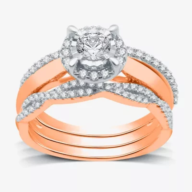 I Said Yes (H-I / I1) Womens 1 CT. T.W. Lab Grown White Diamond Sterling Silver or 14K Gold Over Round Side Stone Halo Bridal Set