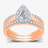 I Said Yes (H-I / I1) Womens 1 CT. T.W. Lab Grown White Diamond Sterling Silver or 14K Gold Over Pear Side Stone Halo Bridal Set