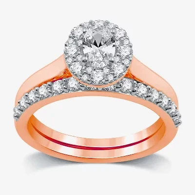 I Said Yes (H-I / I1) Womens 1 CT. T.W. Lab Grown White Diamond Sterling Silver or 14K Gold Over Oval Side Stone Halo Bridal Set