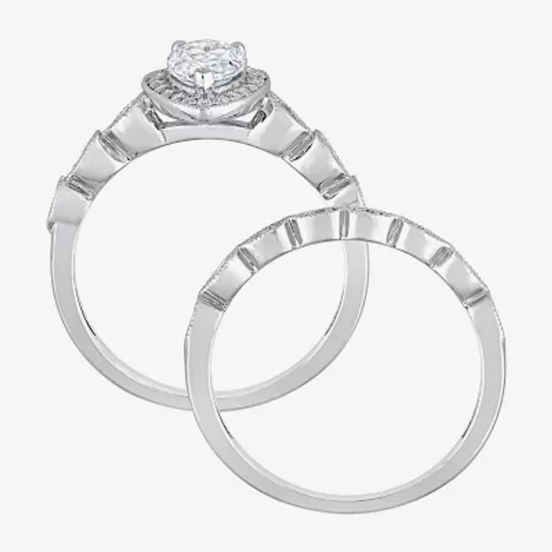 Womens 1 1/6 CT. T.W. Lab Created White Moissanite Sterling Silver Pear Halo Bridal Set