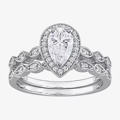 Womens 1 1/6 CT. T.W.  Lab Created White Moissanite Sterling Silver Pear Halo Bridal Set