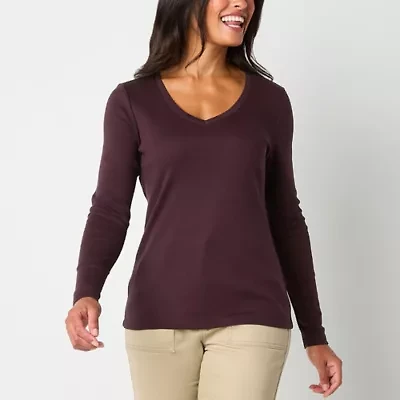 St. John's Bay Womens V Neck Long Sleeve T-Shirt