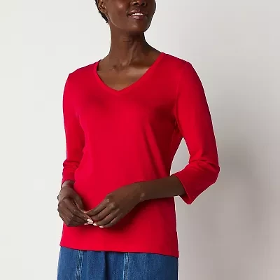 St. John's Bay Womens V Neck 3/4 Sleeve T-Shirt
