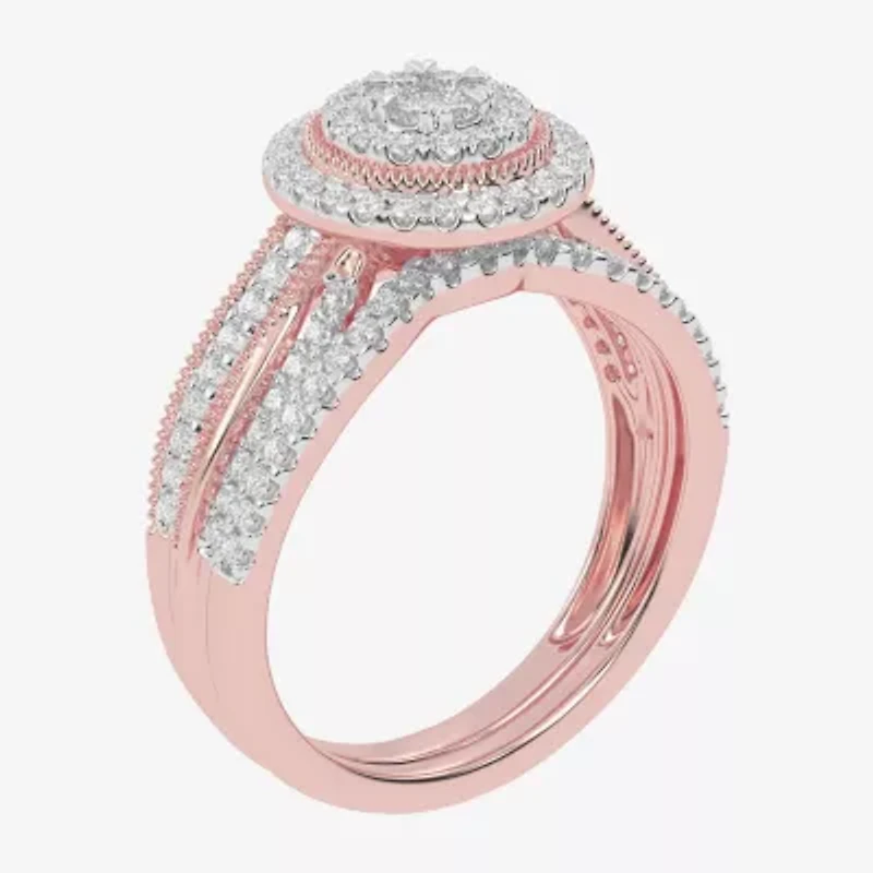 Womens / CT. T.W. Natural White Diamond 10K Gold Round Side Stone Halo Bridal Set