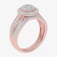 Womens / CT. T.W. Natural White Diamond 10K Gold Round Side Stone Halo Bridal Set