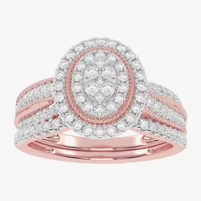 Womens / CT. T.W. Natural White Diamond 10K Gold Oval Side Stone Halo Bridal Set