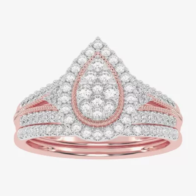 Womens / CT. T.W. Natural White Diamond 10K Gold Pear Side Stone Halo Bridal Set